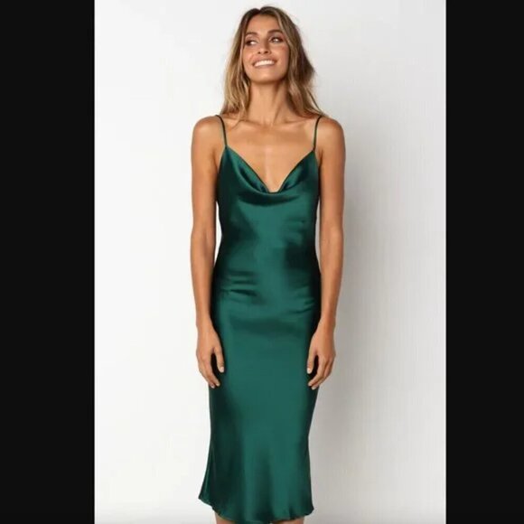 Petal & Pup Persia Emerald Green Satin Midi Cowl Neck Slip Dress 4 - Picture 2 of 10